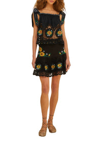 Jupe courte Sunflower brodée en lin - Noir