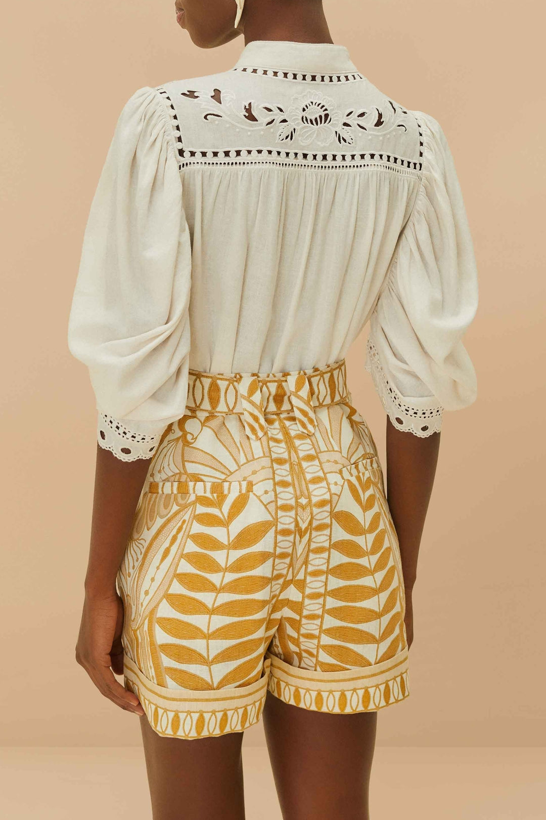 Short en dentelle et lin - Jaune
