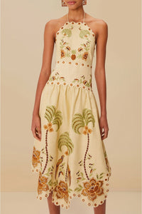 Robe midi Delicate forest richelieu brodée en lin - Beige
