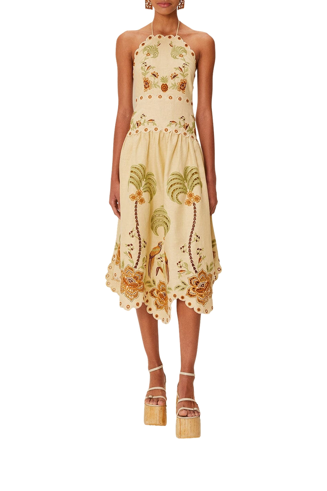 Robe midi Delicate forest richelieu brodée en lin - Beige