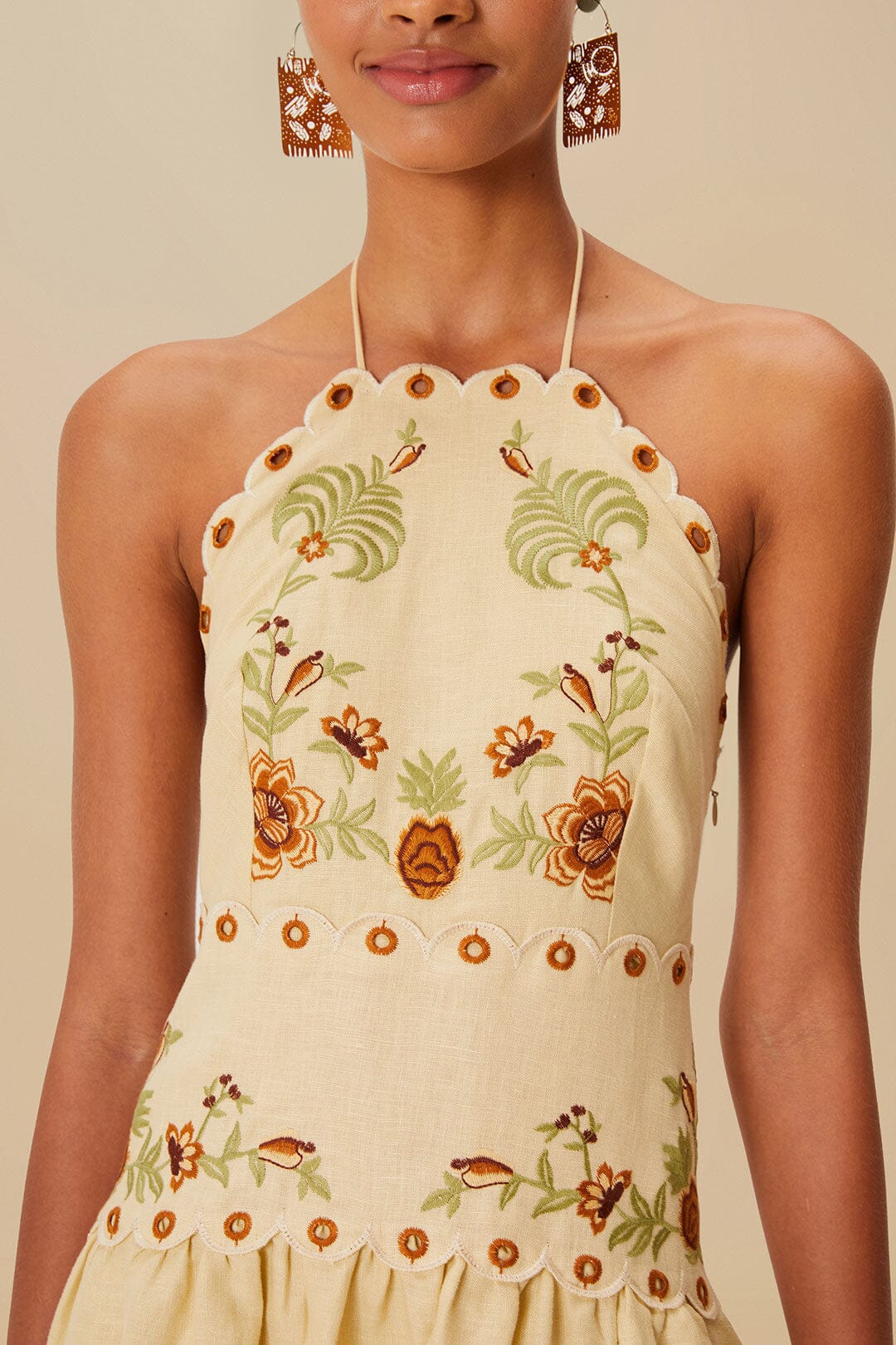 Robe midi Delicate forest richelieu brodée en lin - Beige