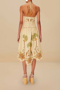 Robe midi Delicate forest richelieu brodée en lin - Beige