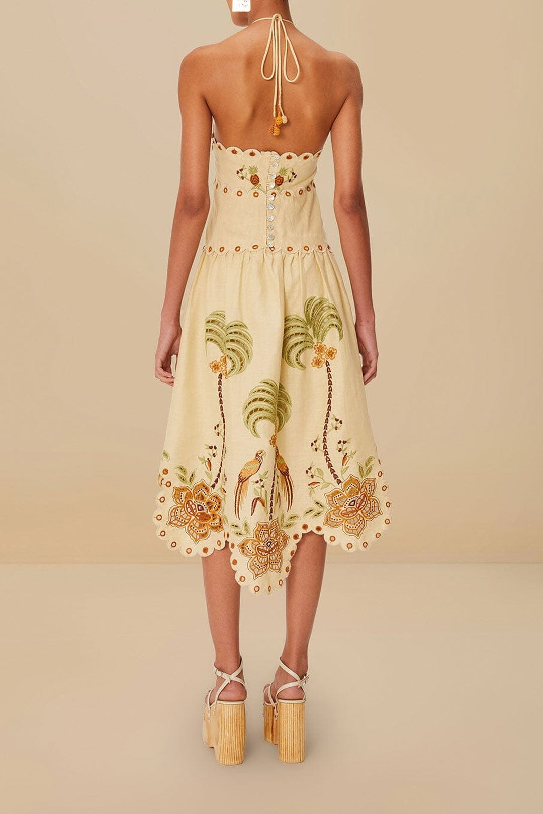 Robe midi Delicate forest richelieu brodée en lin - Beige