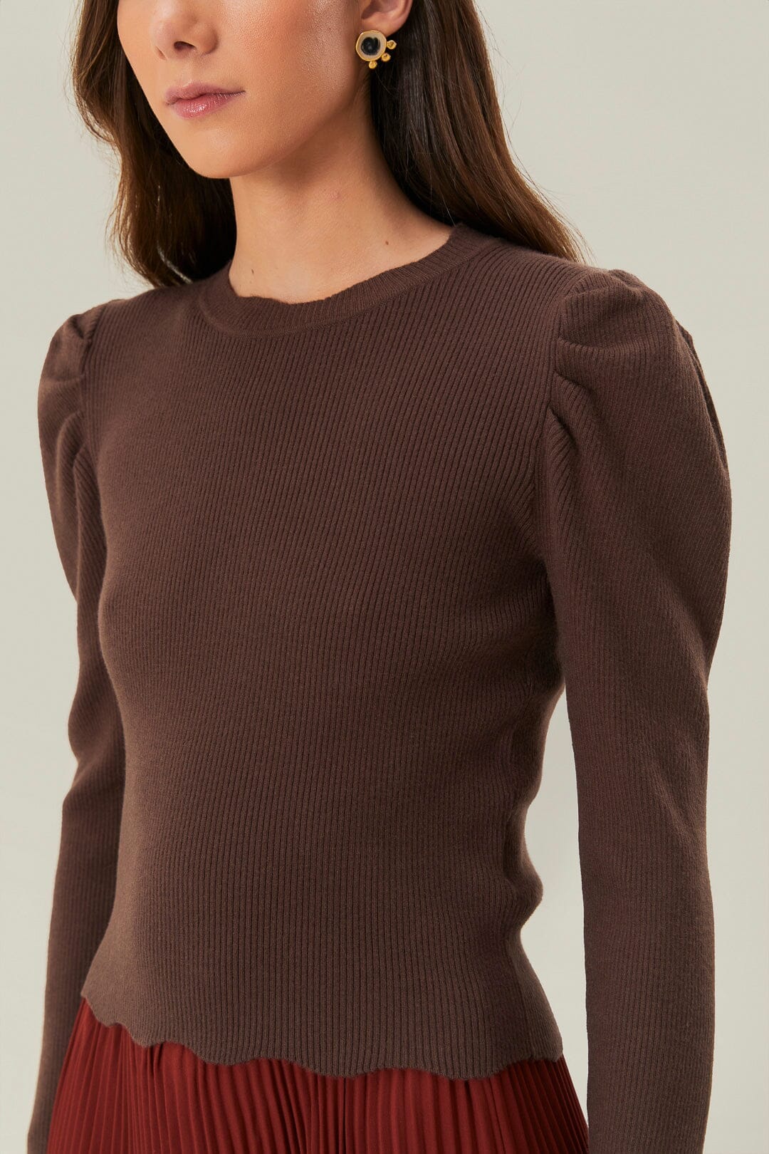 Pull à épaules volantés en maille - Marron