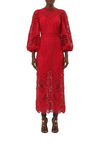 Robe longue à manches ballon en dentelle - Rouge