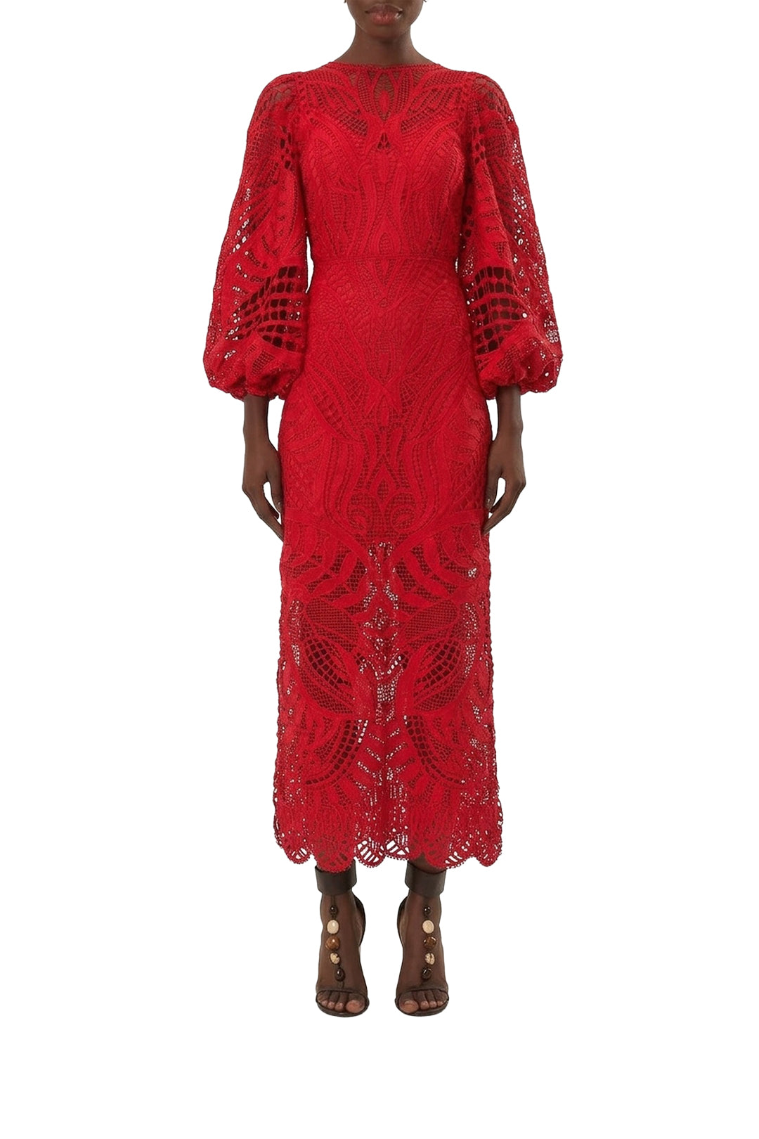 Robe longue à manches ballon en dentelle - Rouge
