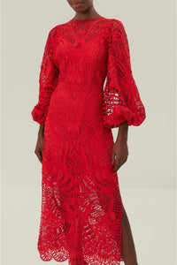 Robe longue à manches ballon en dentelle - Rouge