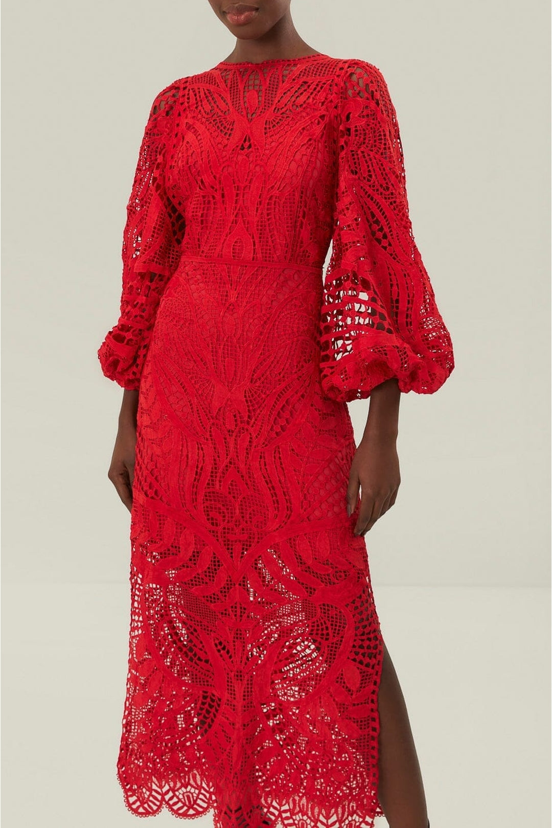 Robe longue à manches ballon en dentelle - Rouge