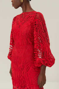 Robe longue à manches ballon en dentelle - Rouge