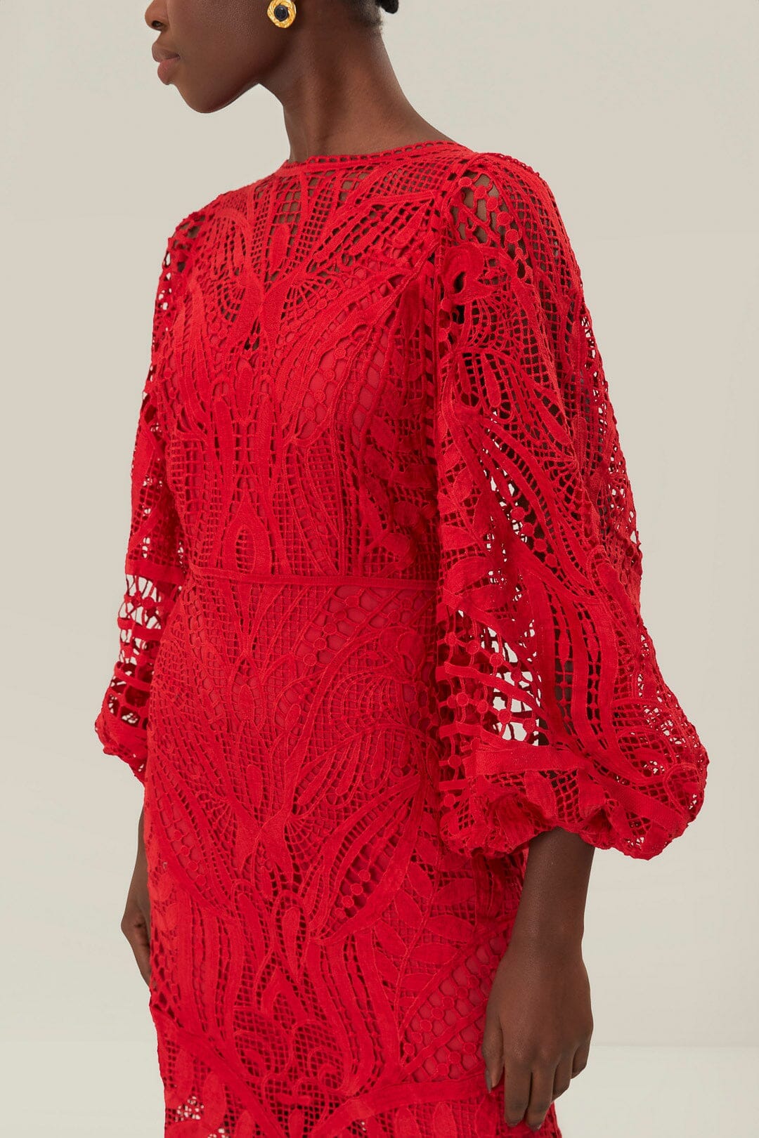 Robe longue à manches ballon en dentelle - Rouge