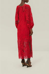 Robe longue à manches ballon en dentelle - Rouge