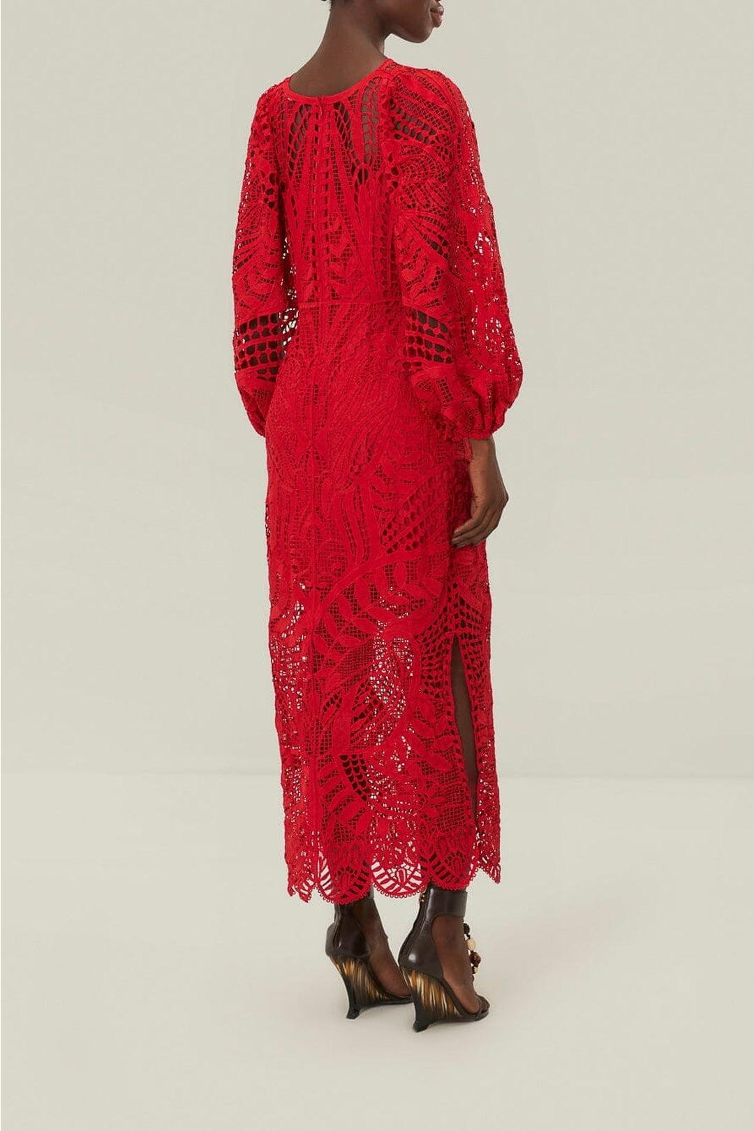 Robe longue à manches ballon en dentelle - Rouge