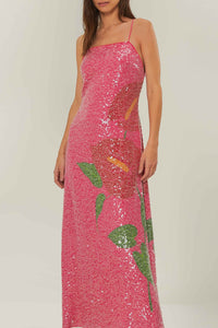 Robe longue Anthurium à sequins - Rose