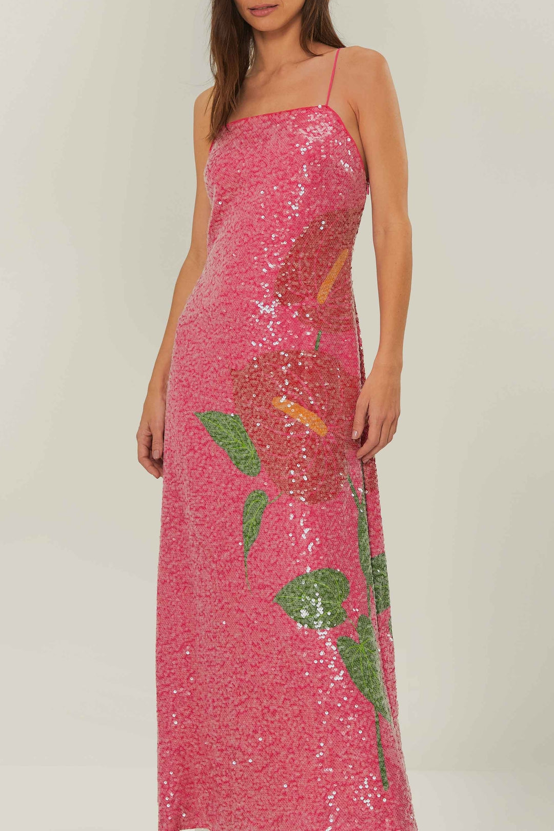 Robe longue Anthurium à sequins - Rose