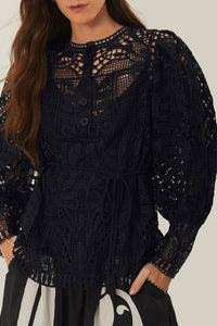 Blouse ajourée à boutons - Noir
