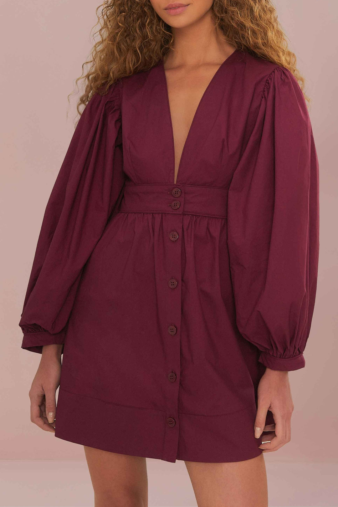 Short dress with puffed sleeves in cotton - Purple