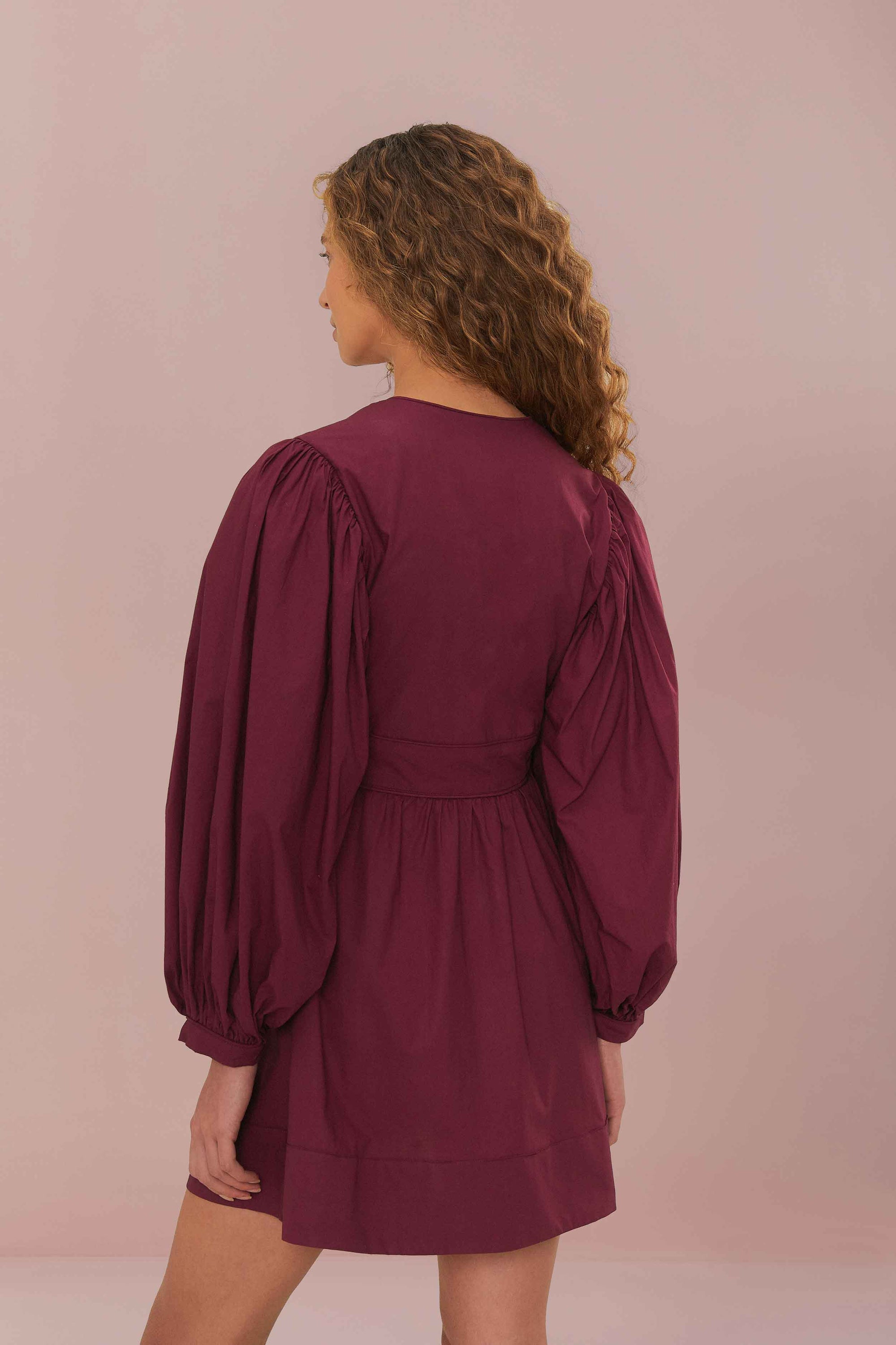 Short dress with puffed sleeves in cotton - Purple