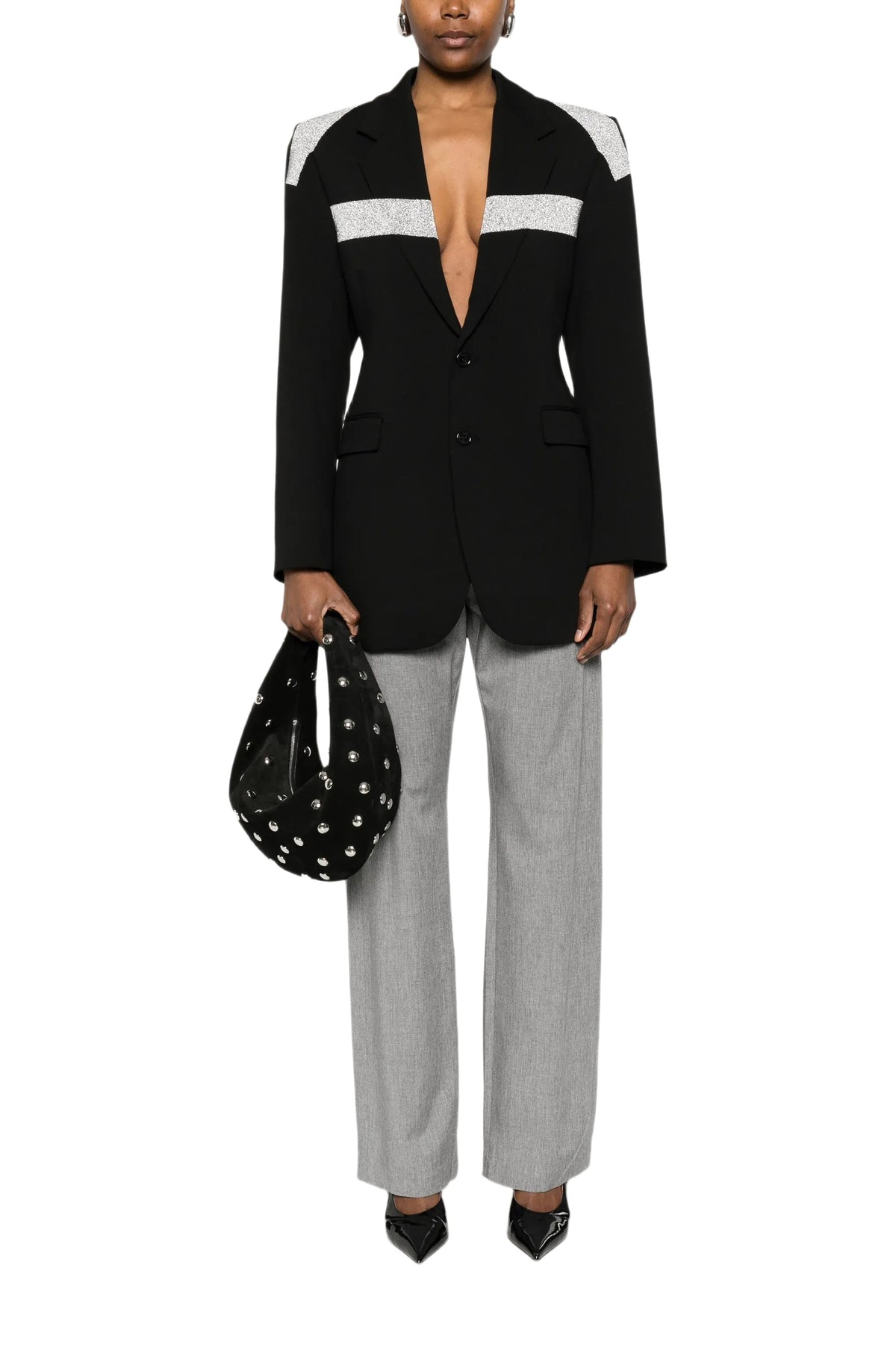 Pantalon de tailleur à bandes en laine mélangée - Grey