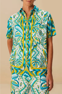 Tropical Tapestry Sand unisex linen shirt - Blue
