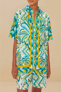 Tropical Tapestry Sand unisex linen shirt - Blue