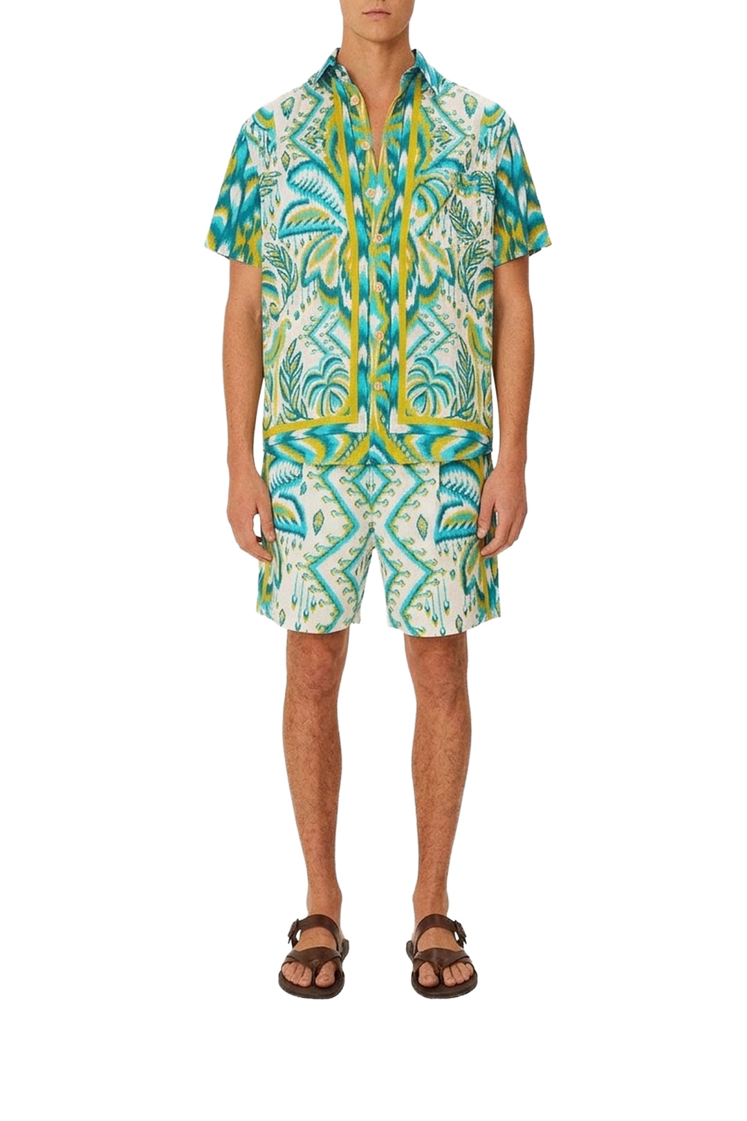 Tropical Tapestry Sand unisex linen shirt - Blue