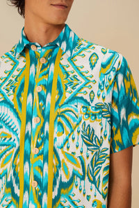 Tropical Tapestry Sand unisex linen shirt - Blue