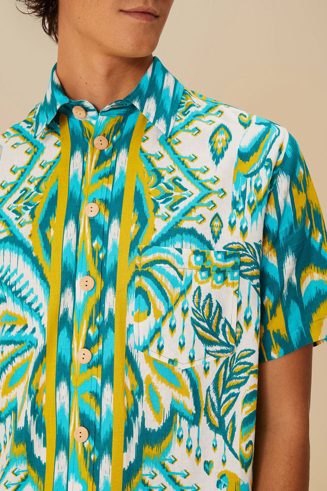 Tropical Tapestry Sand unisex linen shirt - Blue