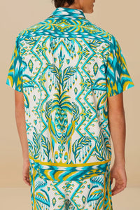 Tropical Tapestry Sand unisex linen shirt - Blue
