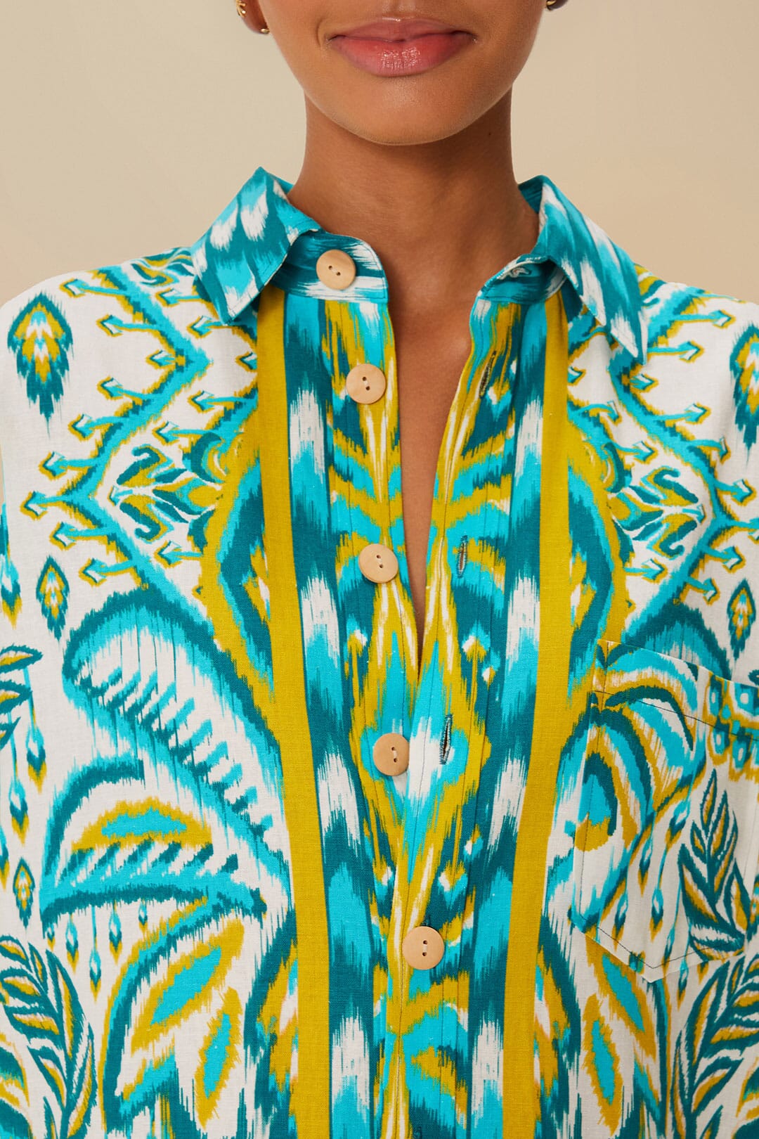 Tropical Tapestry Sand unisex linen shirt - Blue