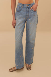 Pantalon à nœuds brodés en denim - Bleu