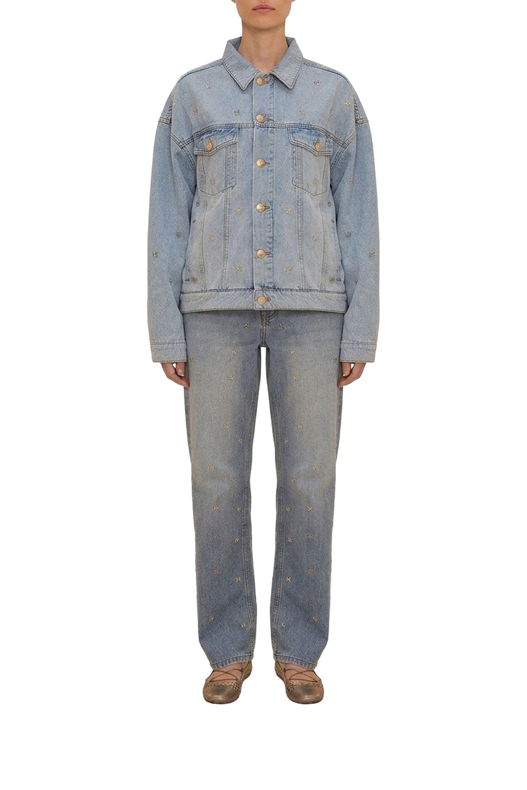 Pantalon à nœuds brodés en denim - Bleu