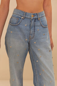Pantalon à nœuds brodés en denim - Bleu