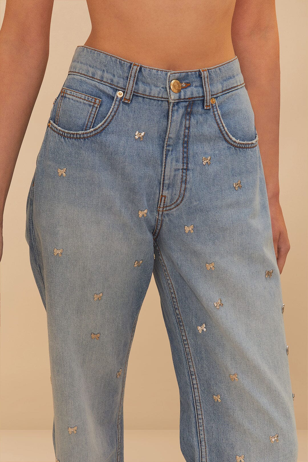 Pantalon à nœuds brodés en denim - Bleu