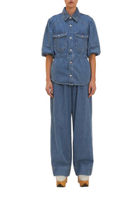 Chemise à manches bouffantes en denim - Bleu
