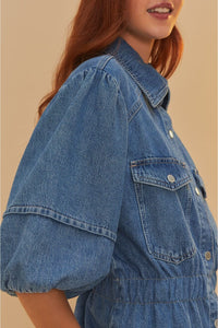 Chemise à manches bouffantes en denim - Bleu