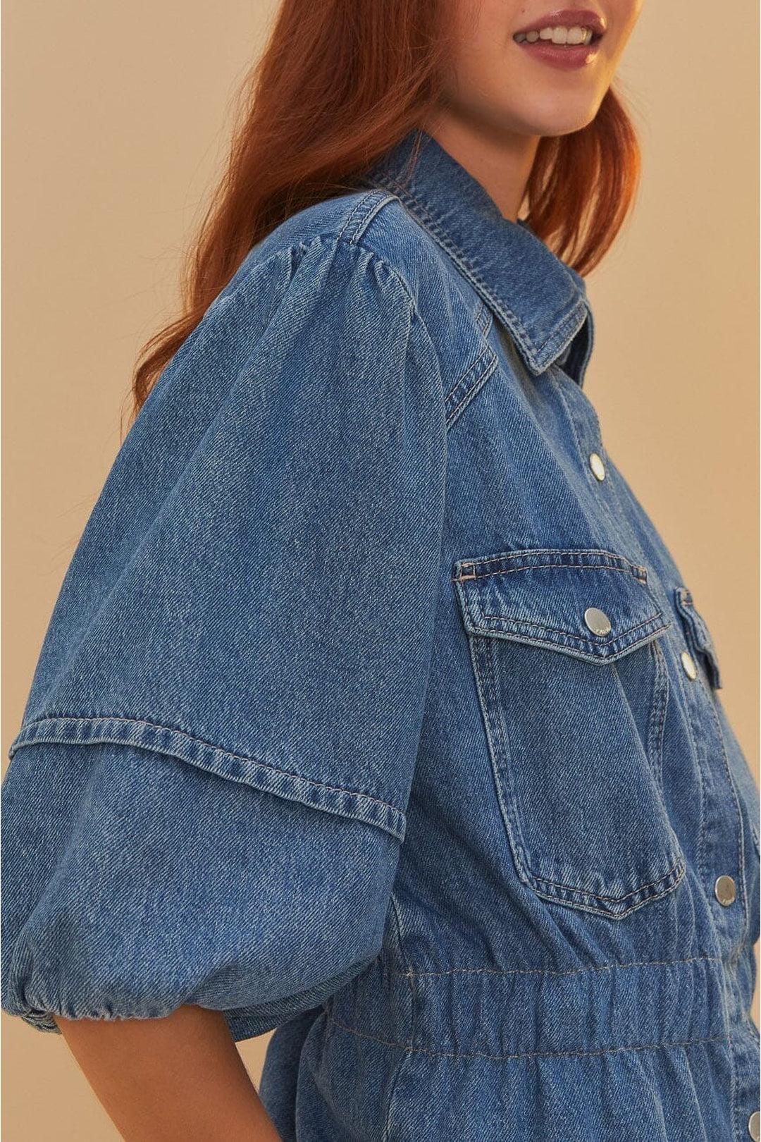Chemise à manches bouffantes en denim - Bleu