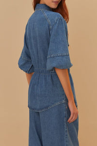 Chemise à manches bouffantes en denim - Bleu