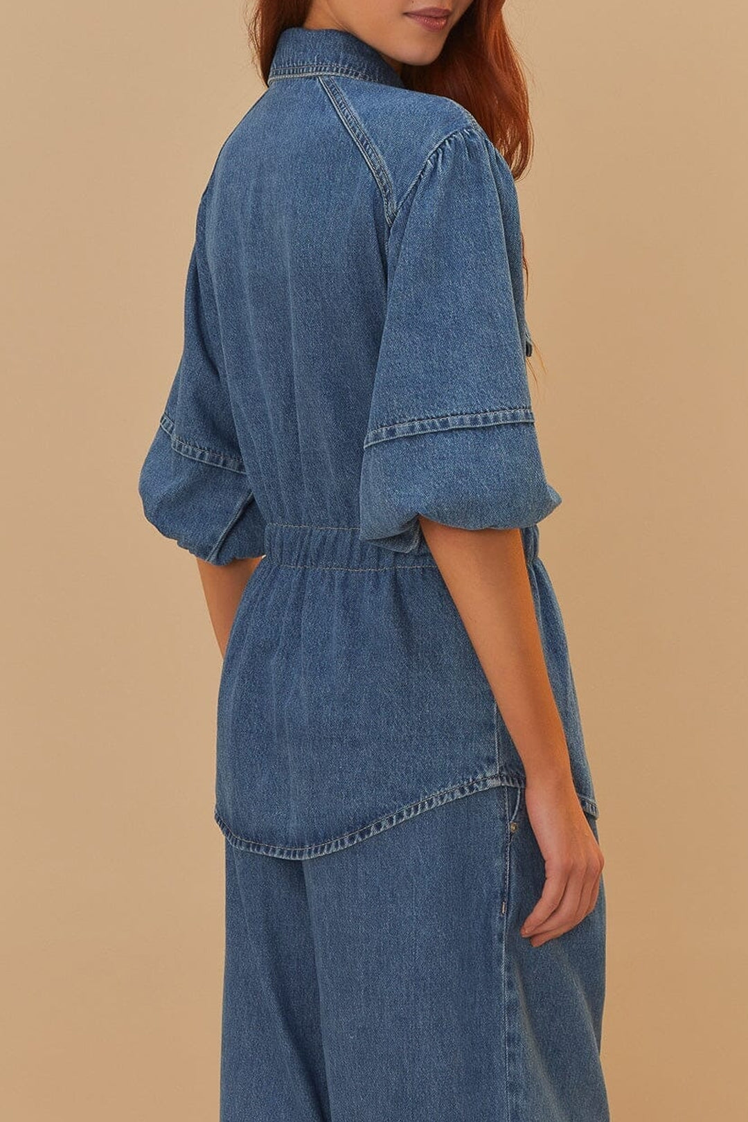 Chemise à manches bouffantes en denim - Bleu