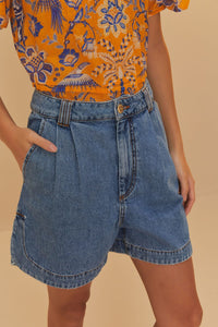 Short plissé en denim - Bleu