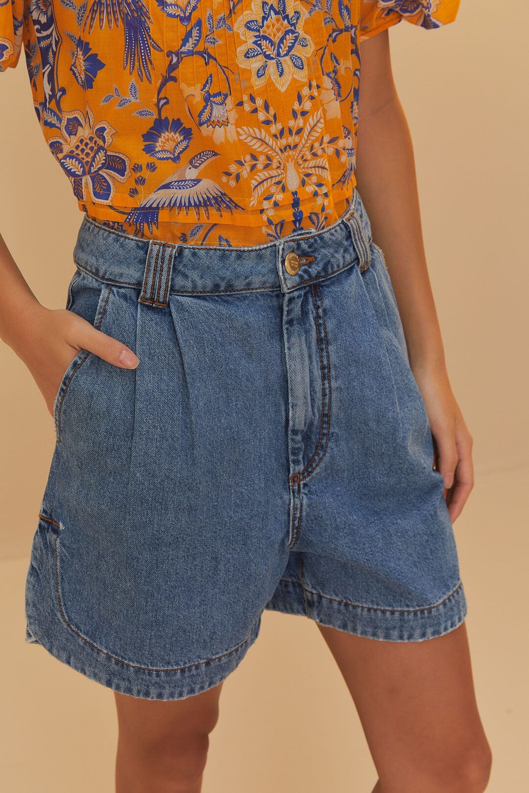 Short plissé en denim - Bleu