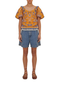 Short plissé en denim - Bleu