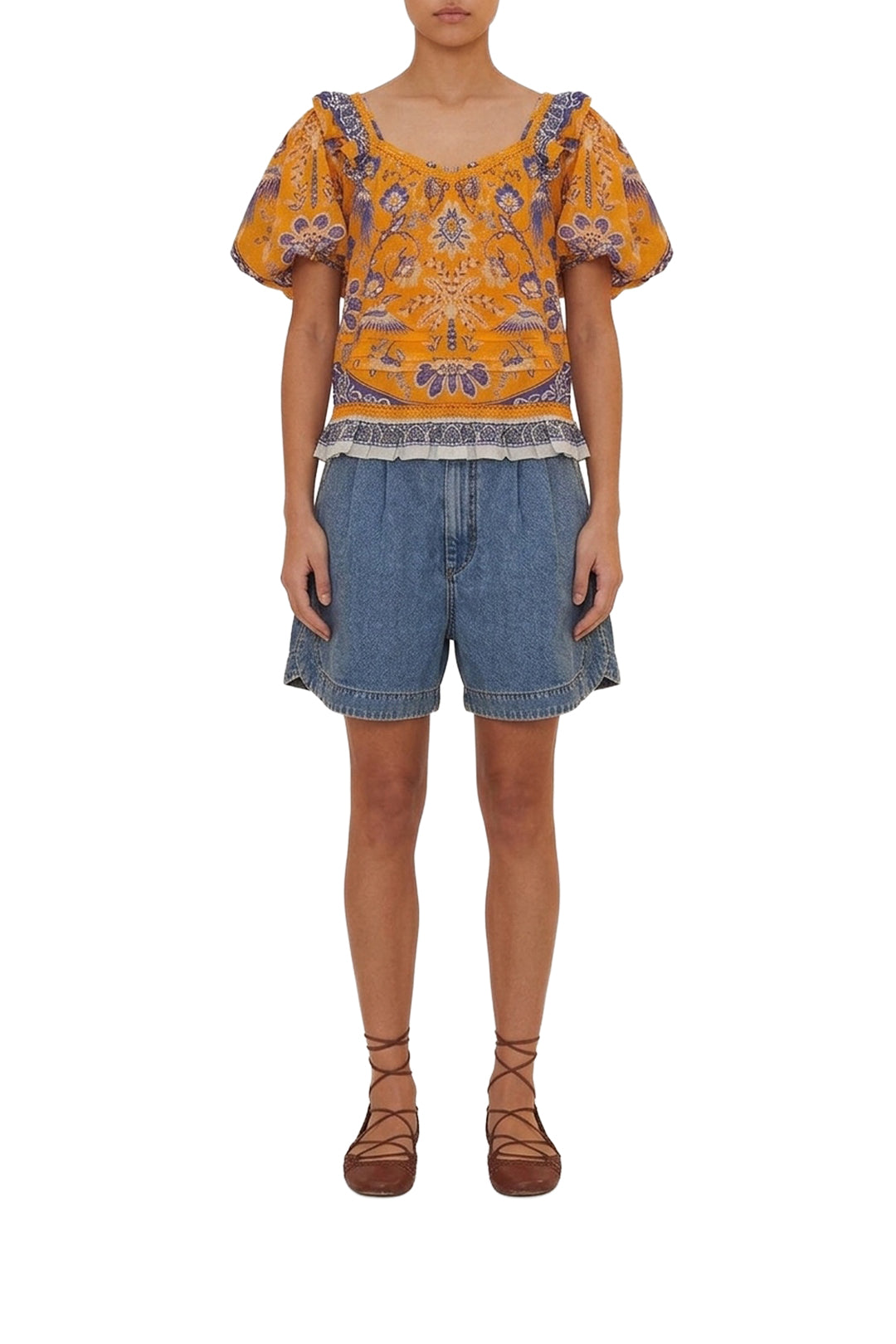 Short plissé en denim - Bleu