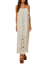 Robe longue Richelieu à bretelles en lin - Blanc