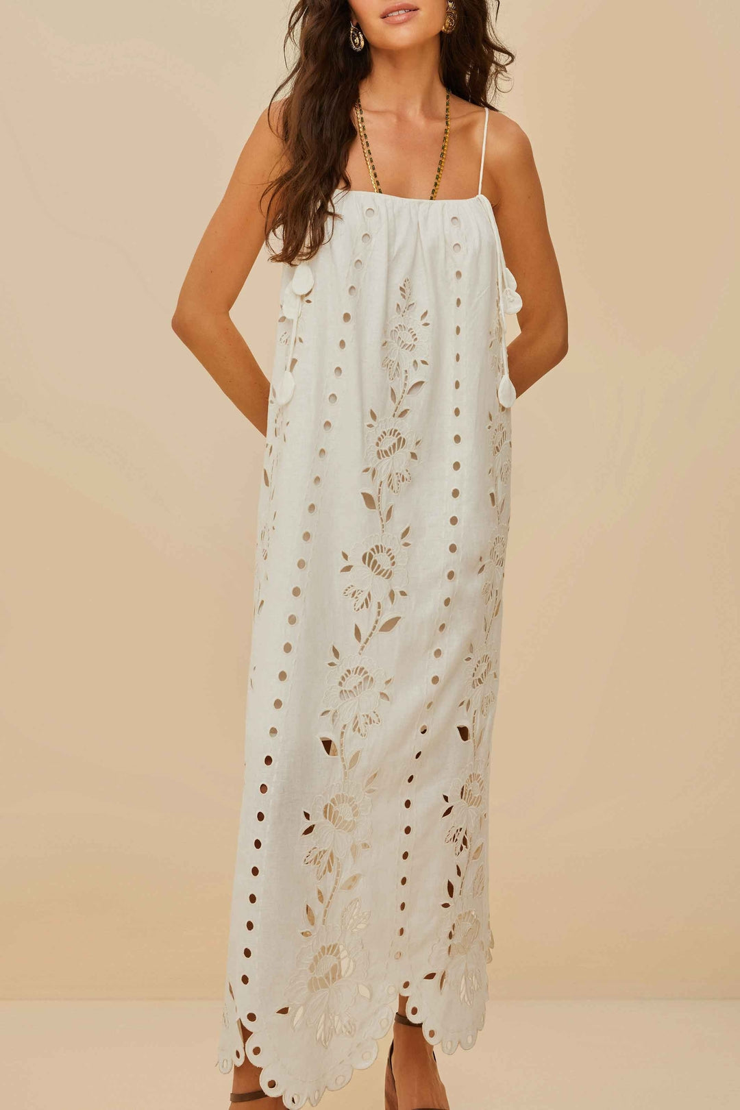 Robe longue Richelieu à bretelles en lin - Blanc