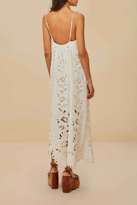 Robe longue Richelieu à bretelles en lin - Blanc