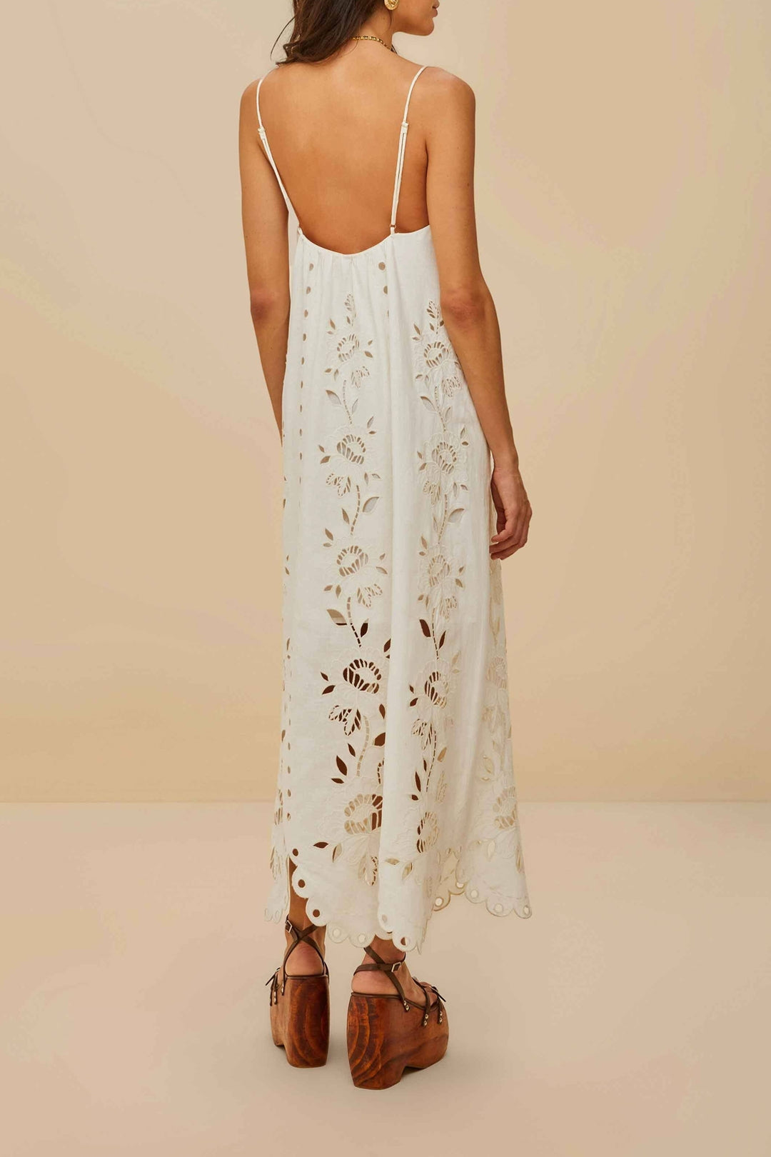 Robe longue Richelieu à bretelles en lin - Blanc