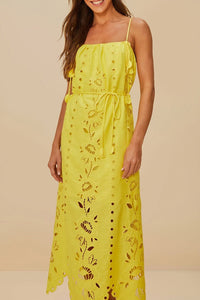 Robe longue Richelieu à bretelles en lin - Jaune