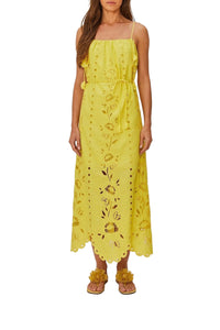 Robe longue Richelieu à bretelles en lin - Jaune