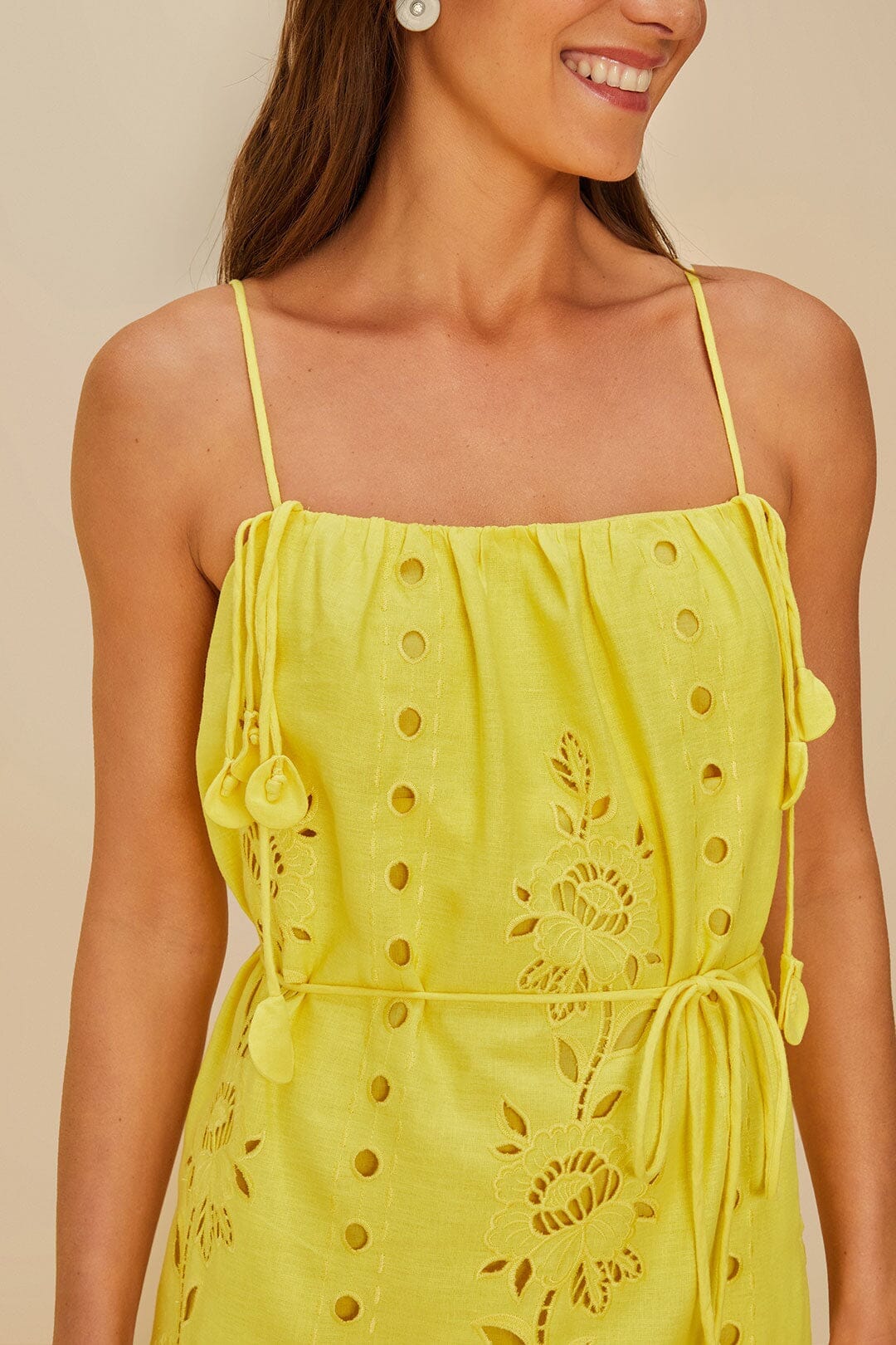 Robe longue Richelieu à bretelles en lin - Jaune