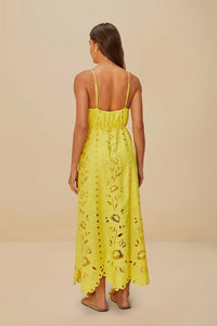 Robe longue Richelieu à bretelles en lin - Jaune